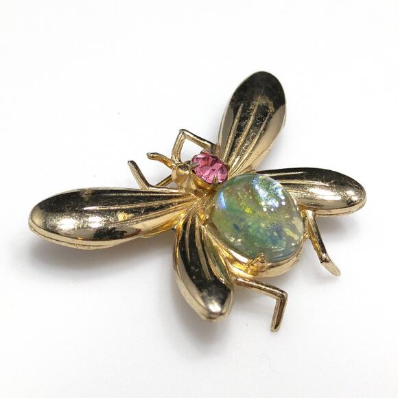 Vintage Lucite Insect Brooch, Gold Flakes, Pink Rhinestone, 1950s - Picture 6 of 10
